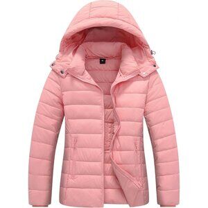 Women Pink 100% Polyester Lightweight Waterproof Hooded Quilted Puffer Jacket